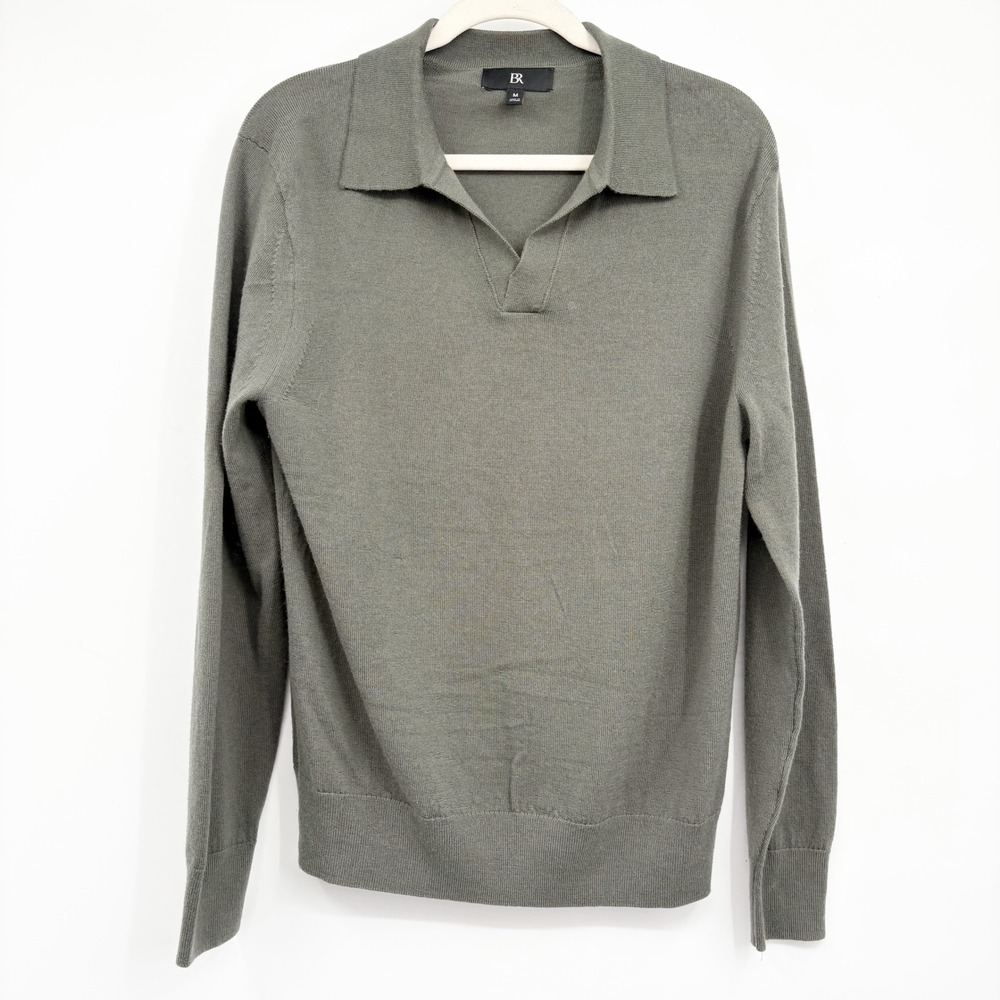 Banana Republic Mens Olive Green Italian Merino Wool Quiet Luxury Polo Sweater M
